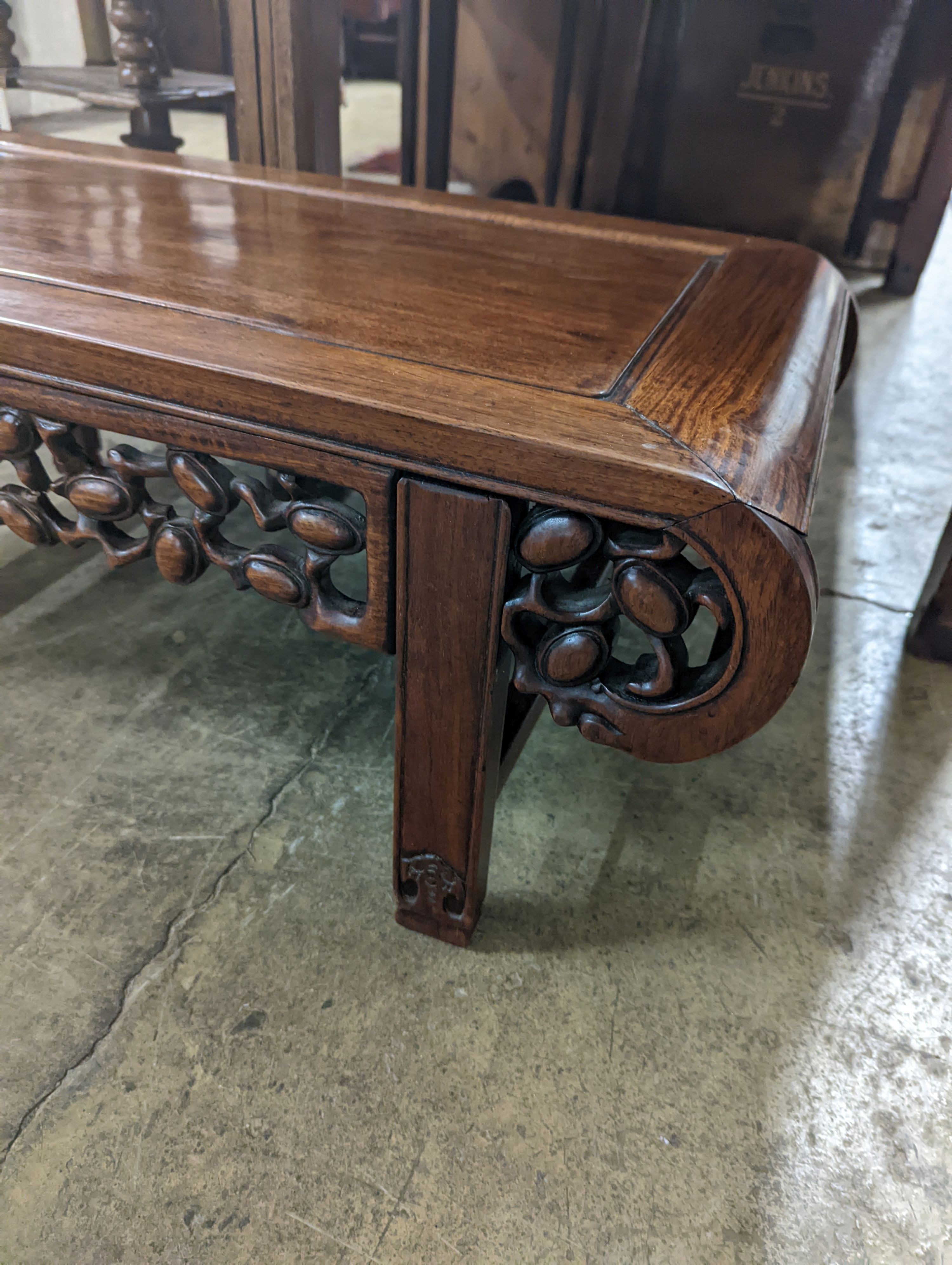 A late Victorian Chinese hongmu rectangular low table, width 90cm, depth 43cm, height 34cm